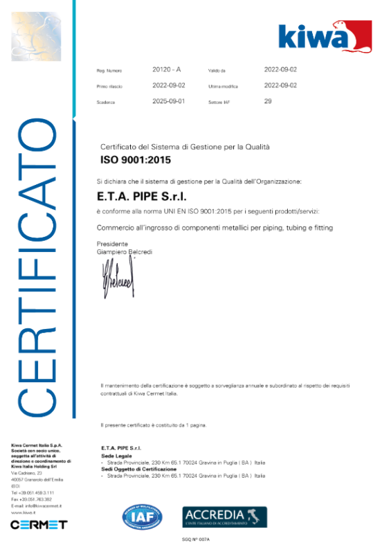 ISO 9001 2015 E.T.A. PIPE S.r.l. 001