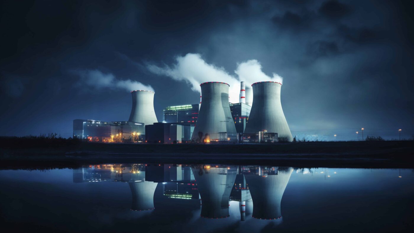 view nuclear power plant with towers letting out steam from process 2 1